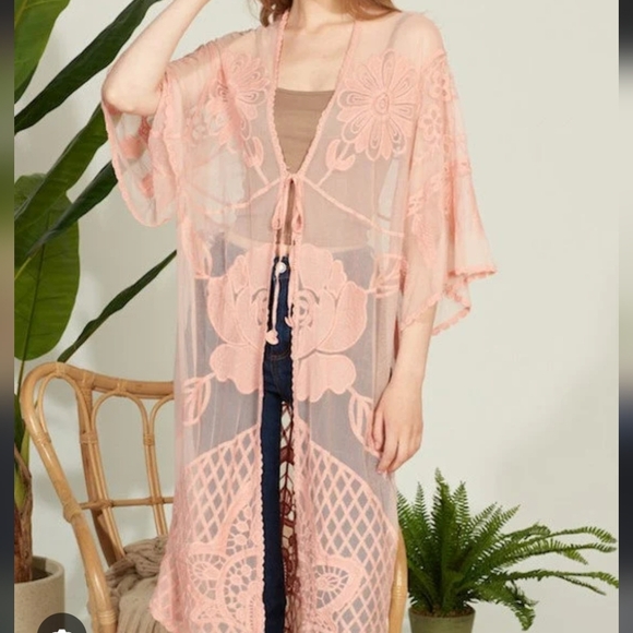 CHOA Pink Dark Rose Lace Kimono Duster Cover Up w Front Tie Large To X-large - Picture 3 of 8